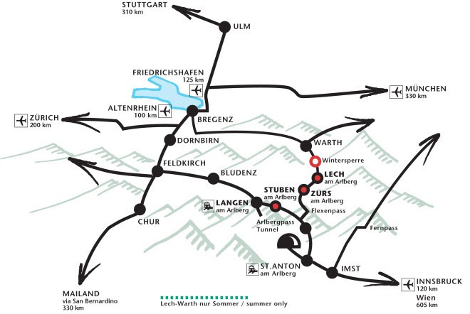 Lage in Europa | Informationen zu Ihrer Anreise auf den Arlberg zu den Bergland Appartements